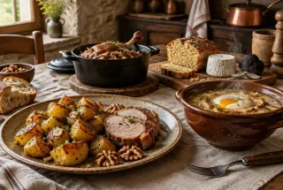 Table périgourdine garnie de soupe à l’ail, pommes de terre sarladaises, enchaud, confit, noix et truffe noire